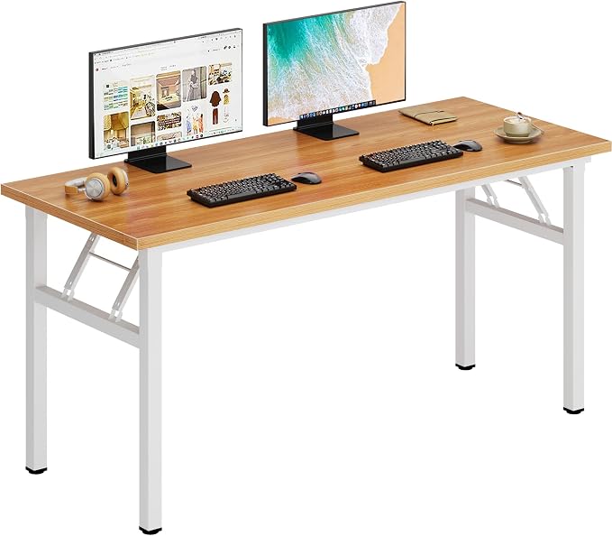 DlandHome 54.3 Inch Large Folding Computer Desk, Fully Assembled Teak White | Foldable Writing Table, Portable Activity Conference Table for Home Office, Wood Top Metal Frame, Collapsible Easy Storage by DlandHome