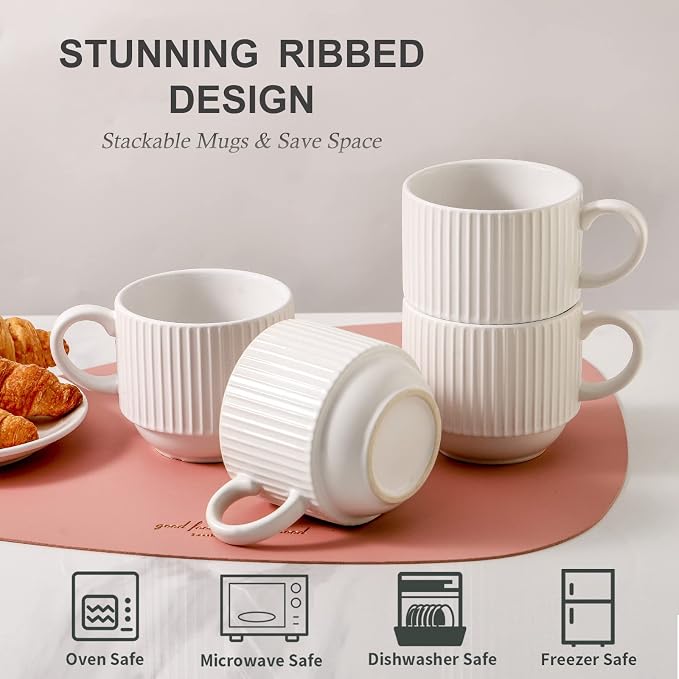 HASENSE 15 oz Ribbed Stackable Coffee Mug Set of 4, Porcelain Latte Cups with Metal Rack, Dishwasher & Microwave Safe, Cappuccino Tea Hot Cocoa, White - Image 4