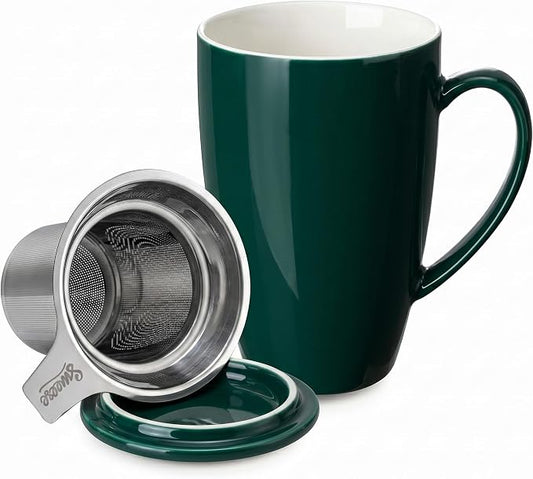 Sweese 15 OZ Porcelain Tea Mug with Infuser and Lid, Loose Leaf Tea Cup, Gifts for Tea Lover, Dark Green by Sweese