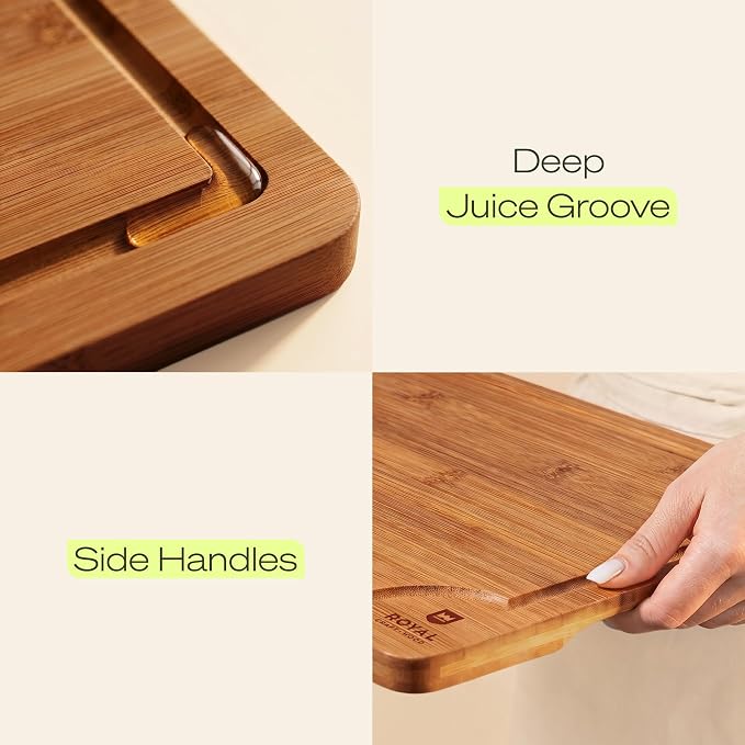 ROYAL CRAFT WOOD Wooden Cutting Boards for Kitchen Meal Prep & Serving - Bamboo Non Toxic Cutting Board Set with Deep Juice Groove Side Handles - Charcuterie & Chopping Butcher Block for Meat (2 Pcs) - Image 3