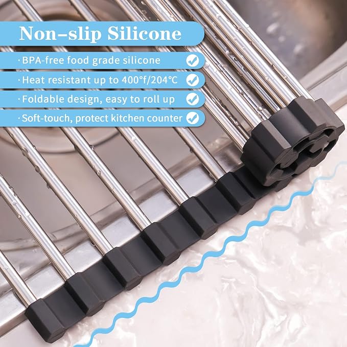 Seropy Roll Up Dish Drying Rack Over the Sink Drying Rack for Kitchen Counter, Rolling Dish Rack Over Sink Mat, Foldable Dish Drainer Stainless Steel Rack Kitchen Organization Gadgets 20.5"x11.8" - Image 5