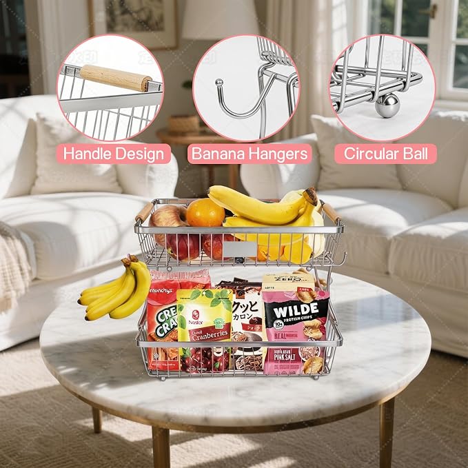 Fruit Basket Bowl 2 Tier Detachable with 2 Banana Hangers, Fruit Stand Holder for Kitchen Countertop, Metal Wire Vegetable Storage Organizer, for Bread Snack Veggies Produce, Chrome - Image 5