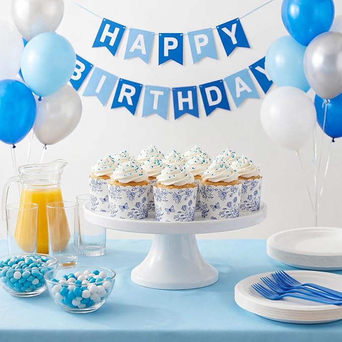 Qinyoung 150 Pcs Blue Floral Cupcake Wrappers Liners Blue White Chinoiserie Wildflower Paper Baking Cups Disposable French Vintage Cupcake Muffin Cases for Wedding Baby Shower Birthday Tea Party Decor - Image 4
