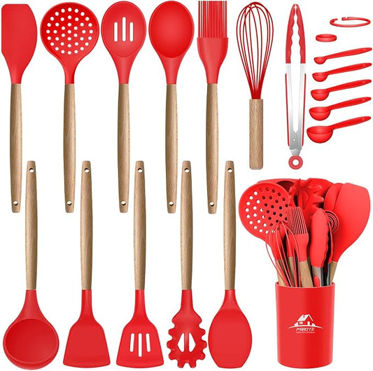 MIBOTE Silicone Cooking Kitchen Utensils Set, Wooden Handle, Red | BPA-Free, Non-Toxic Silicone Turner, Tongs, Spatula, Spoon Set – Great for Nonstick Cookware, Heat-Resistant, Easy Clean by MIBOTE