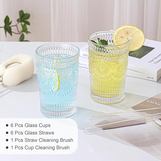 ZMOWIPDL Drinking Glasses Set of 6,13oz Flower Design Clear Glass Cups | Vintage Glassware,Textured Tumblers,Embossed Striped Drinkware for Water,Cocktails,Juice,Iced Coffee - Image 5