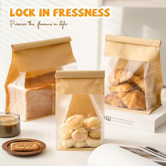 50 Pack Bread Bags with Tabs for Homemade Sourdough Bread, 8.7x4.3x11 Inches Tin Tie Tab Lock Large Paper Bakery Packaging Bags with Window for Gifting & Bake Sale | Thick Material - Image 6