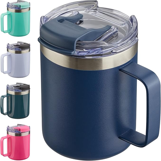 12oz Insulated Travel Coffee Mug with Handle, Navy | Stainless Steel Coffee Tumbler with Lid, Double Wall Vacuum Thermal Cup for Camping by ALOUFEA
