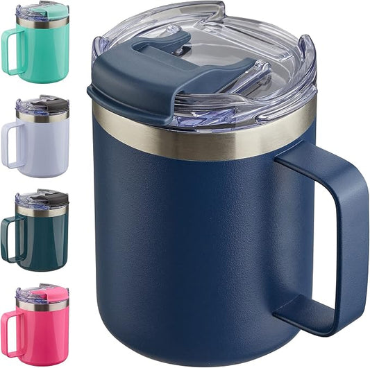 12oz Insulated Travel Coffee Mug with Handle, Navy | Stainless Steel Coffee Tumbler with Lid, Double Wall Vacuum Thermal Cup for Camping by ALOUFEA