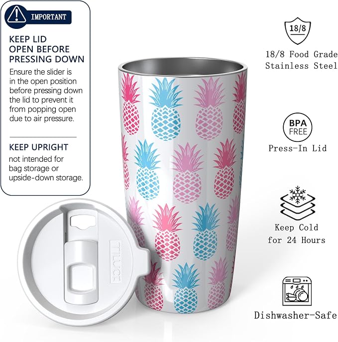 TILUCK 20 oz Insulated Coffee Tumbler with BPA-Free Lid | Travel Coffee Mug, Dishwasher Safe, Cup Holder Friendly, Double-Wall Vacuum Insulation for Hot & Cold Drinks,Pineapple - Image 2