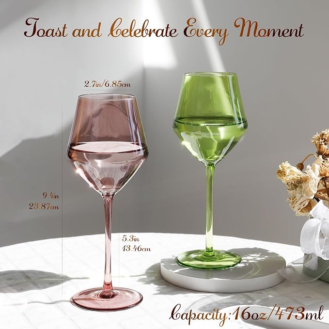 Colored Wine Glasses Set 6 – 16oz Hand-Blown Stemmed Colorful Wine Glass, Muted Color Golbet Set,Unique Wine Gifts for Women, Birthday,Housewarming - Image 4