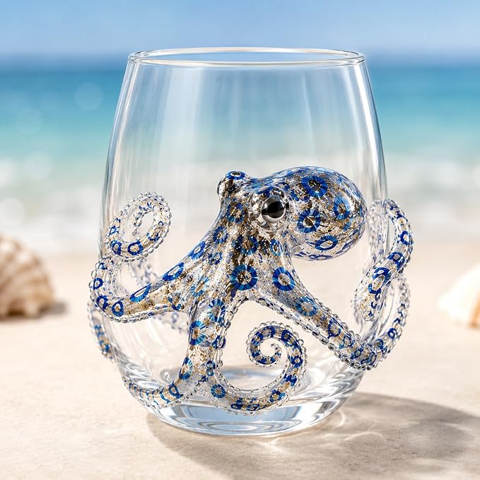 12oz Artisanal Blue Ringed Octopus Glassware, 3D Ocean Animal Artisan Glassware Collection For Fresher Sips, Coastal Elegance & Elevated Home Bar Vibes (Octopus) by Unknown