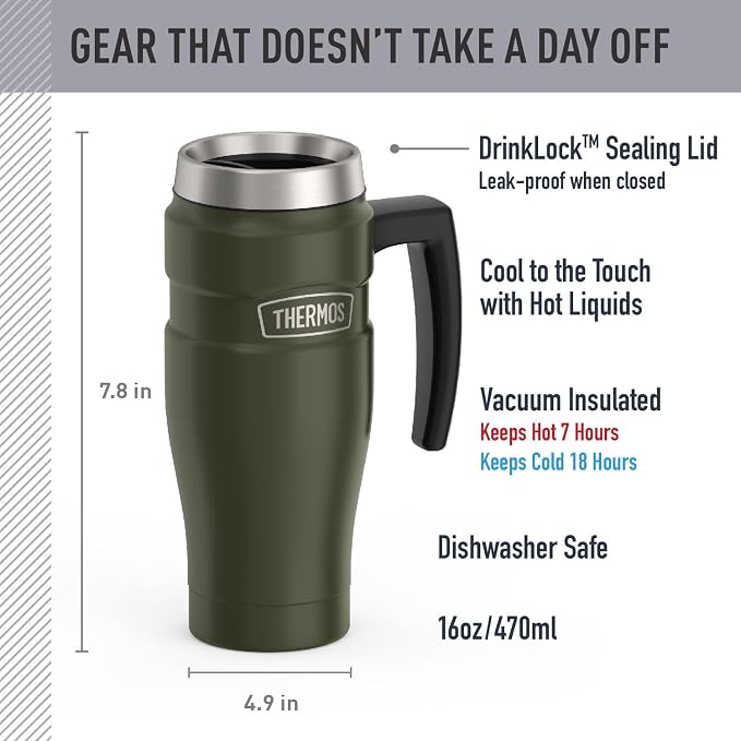 THERMOS Stainless King Vacuum-Insulated Travel Mug with Handle - 16oz, Army Green - Thermos Tumbler for Hot & Cold Drinks - Leak-Proof & Sweat-Proof Stainless Steel Coffee Mug with Lid for Commuting - Image 2