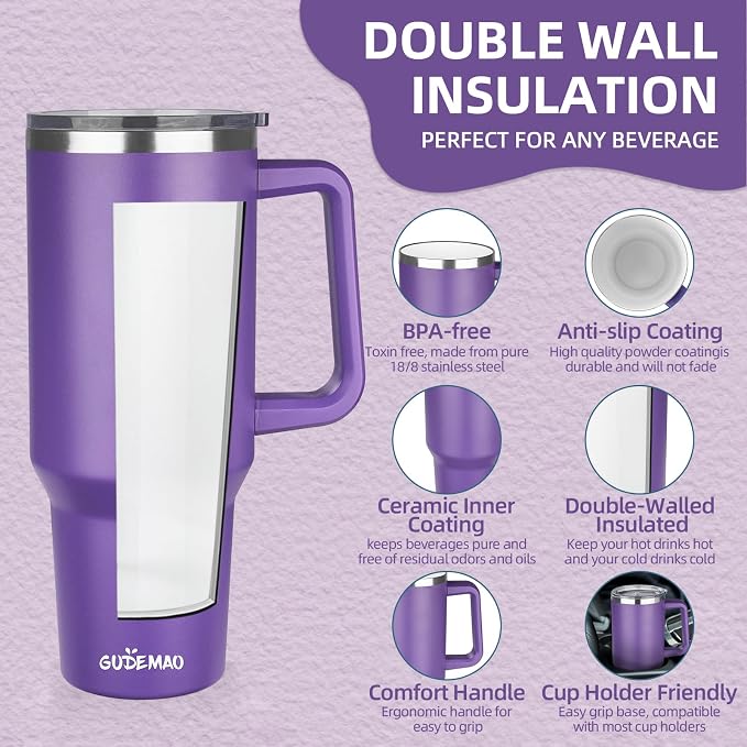 40 oz Insulated Coffee Mug with Ceramic Coating, Stainless Steel Travel Mug Tumbler with Handle Lid and Straw, Double Wall Leak-Proof Coffee Travel Mug Keeps Drink Hot and Cold (Purple) - Image 3