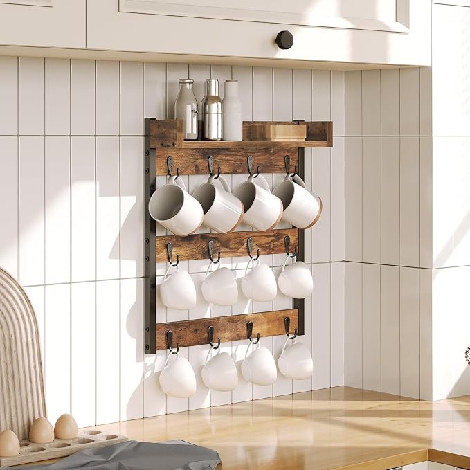 YATINEY Coffee Mug Holder Stand, 3 Tier Mug Tree Rack, Hanging 12 Cups, with Top Shelf, for Kitchen, Dining Room, Living Room, Cafe, Rustic Brown MH42BR - Image 2
