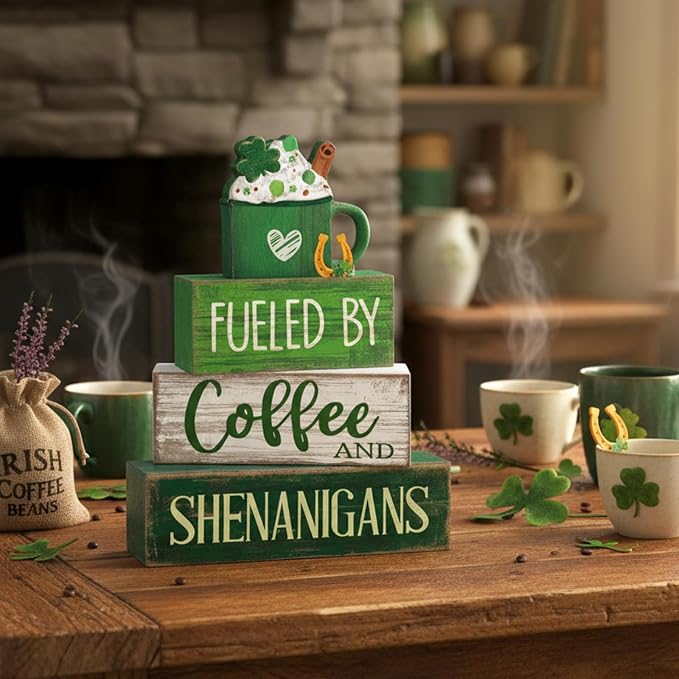 Moucuny 4 Pcs St Patricks Day Table Decoration Wooden Green Ice Cream Cup St. Patrick's Day Tiered Tray Decor Irish Centerpiece Green and White Happy St Patricks Coffee Bar Decor for Home Kitchen - Image 2
