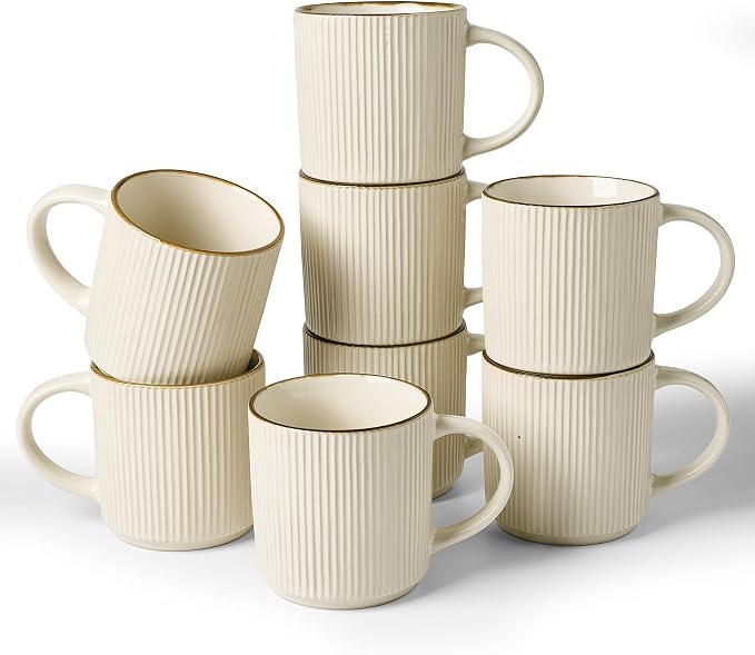 famiware Coffee Mug Set for 8, Star 12 oz Catering Mugs Cup Set with Handle for Coffee, Tea, Cocoa, Milk - Ceramic Stoneware Drinkware Set, White by Famiware