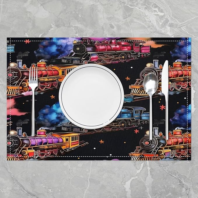 Feelyou Train Placemats Set of 4 12x18 Inch Colorful Steam Engine Table Mats for Party Kitchen Dining Decoration Holiday Seasonal Train Transportation Place Mat for Dinner Table Indoor Outdoor Decor - Image 2
