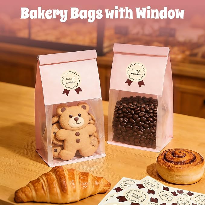 100 Cookie Bags with Seal, Resealable Bakery Bags with Window, Pink Paper Treat Bags for Packaging Pastry, Muffin, Cookie, Baked Goods, Included 120 Handmade Stickers - Image 6