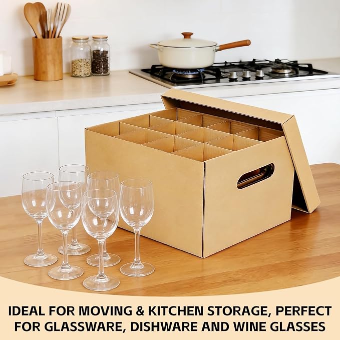 Wine Glass & Dish Moving Boxes, Glass Packing Boxes, Kitchen Storage Kit | 2 Pack, 15 x 12 x 10 In, Sturdy Corrugated Cardboard, with Ergonomic Handles & Secure Lids, for Glassware & Dishware, Brown - Image 6