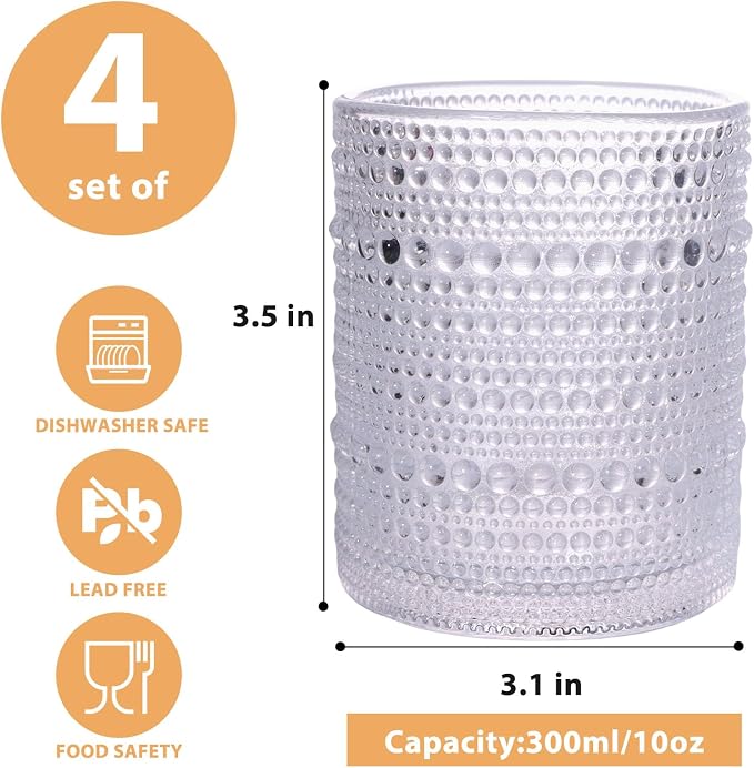 Set of 4 Hobnail Drinking Glasses, 12oz, Vintage Jupiter Drinking Glasses,Embossed Old Fsahioned Glassware for Beer,Water,Juice,Cocktail,Whiskey,Gift (Clear, Small) - Image 2