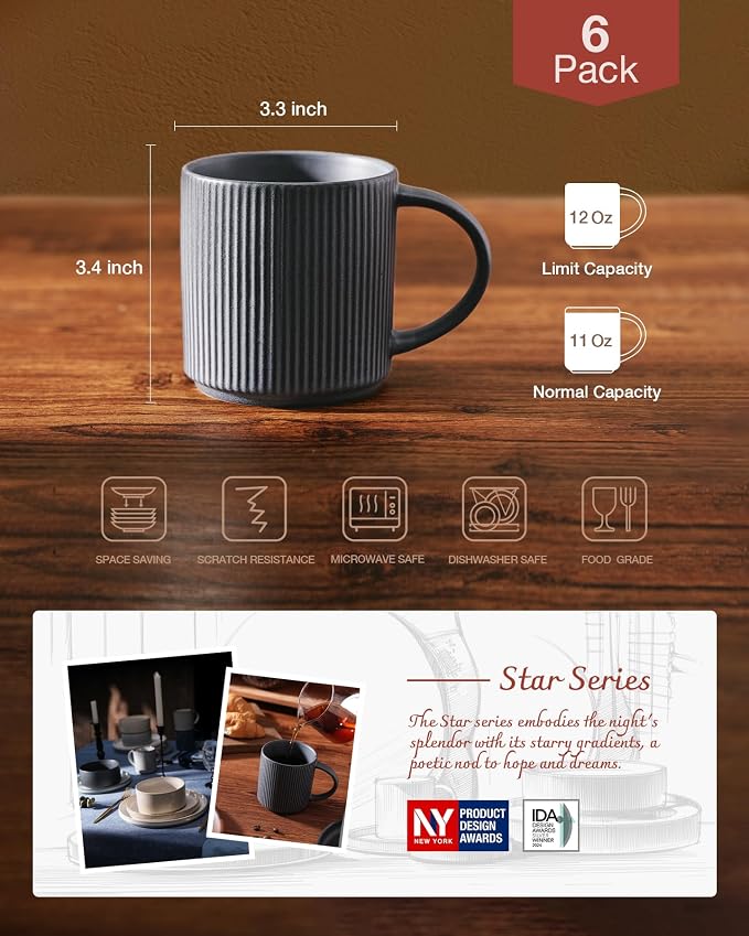 famiware Coffee Mug Set for 6, Star 12 oz Catering Mugs Cup Set with Handle for Coffee, Tea, Cocoa, Milk - Ceramic Stoneware Drinkware Set, Matte Dark Charcoal - Image 4