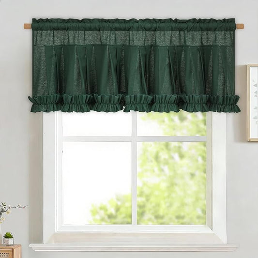 Likiyol Linen Valances for Windows Farmhouse Window Valances with Ruffle Rustic Country Light Filtering Kitchen Valance Curtains Rod Pocket Valance for Bathroom Cafe, Dark Green, 52" W X 18" L by Likiyol