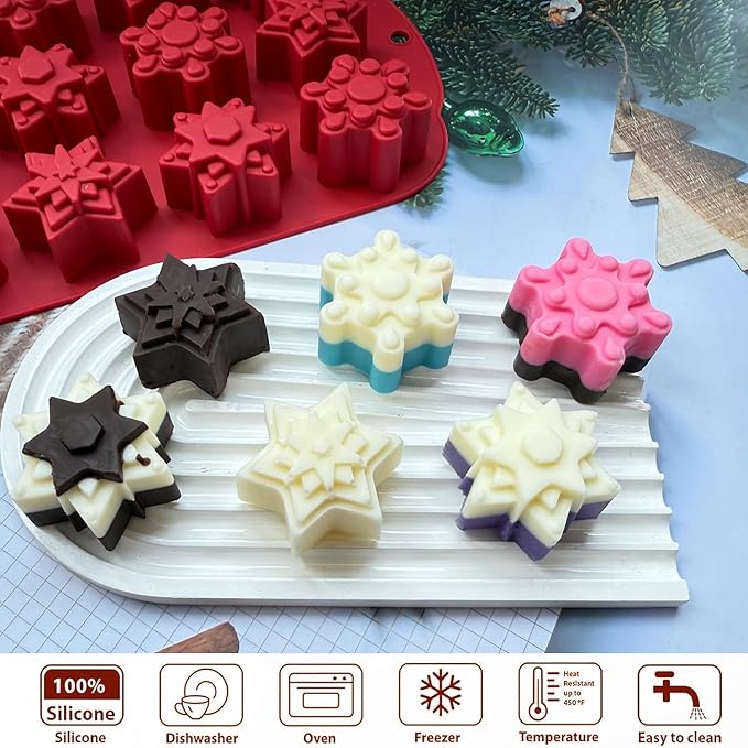 2 PCS Snowflake Silicone Mold, Snowflake Ice Cube Molds Christmas Chocolate Candy Silicone Molds for Dessert Soap Candles Jello Ice Wax Melt, Christmas Holiday Party Baking Cake Decor Mold