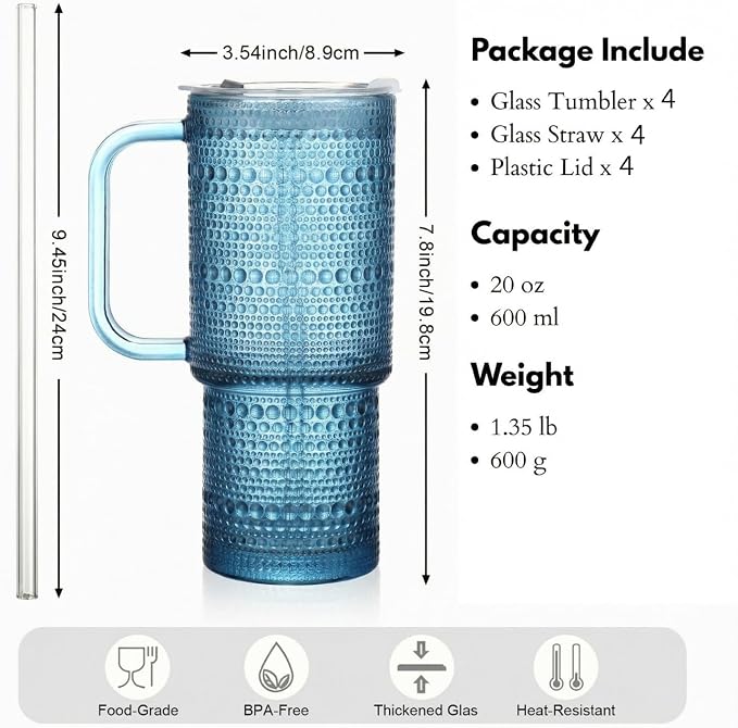 20 oz Blue Glass Tumbler with Lid and Straw, Glass Iced Coffee Cups, Spill-proof Glasses Tumbler with Handle, Glasses Drinking Set of 4, Vintage Glassware for Cocktail, Smoothies - Image 7