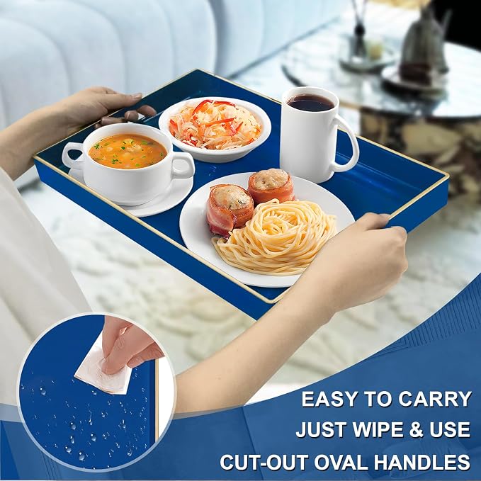 MAONAME Navy Blue Serving Tray with Handles, Plastic Modern Decorative Tray | Rectangle Melamine Tray, Ottoman Tray, Coffee Table Tray, Countertop Organizer Tray for Living Room, 15.8"L x 10.2"W x 1.4"H - Image 2