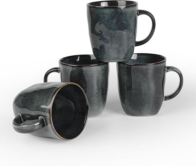 famiware Coffee Mugs Set of 4, Ocean Square 13oz Coffee Cup Set with Handle for Cocoa, Milk, Hot Chocolate, Stoneware Cups for Kitchen, Reactive Glaze, Microwave and Dishwasher Safe, Deep Forest by Famiware