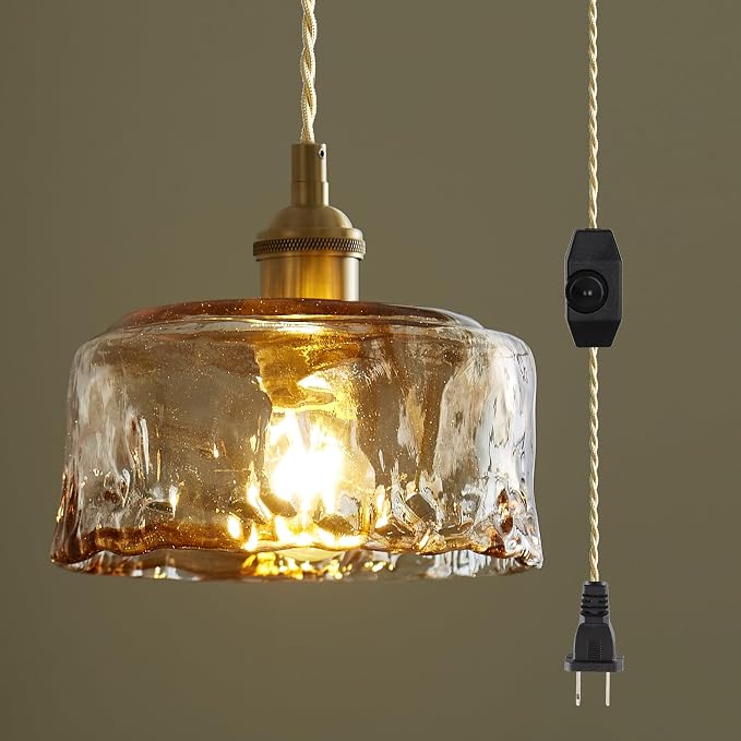 Sedelan Plug in Hanging Light, Glass Hanging Lights with Plug in Cord，Dimmable Pendant Lights Kitchen Island, Vintage Pendant Light Fixtures for Living Room Bedroom Hallway by Sedelan
