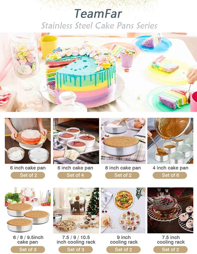 TeamFar 9½ Inch Cake Pan, 3 Pcs Stainless Steel Round Tier Cake Pans Set | for Baking Steaming Serving, Perfect for Birthday Wedding Celebrations, Healthy & Sturdy, Mirror Finish & Dishwasher Safe - Image 7