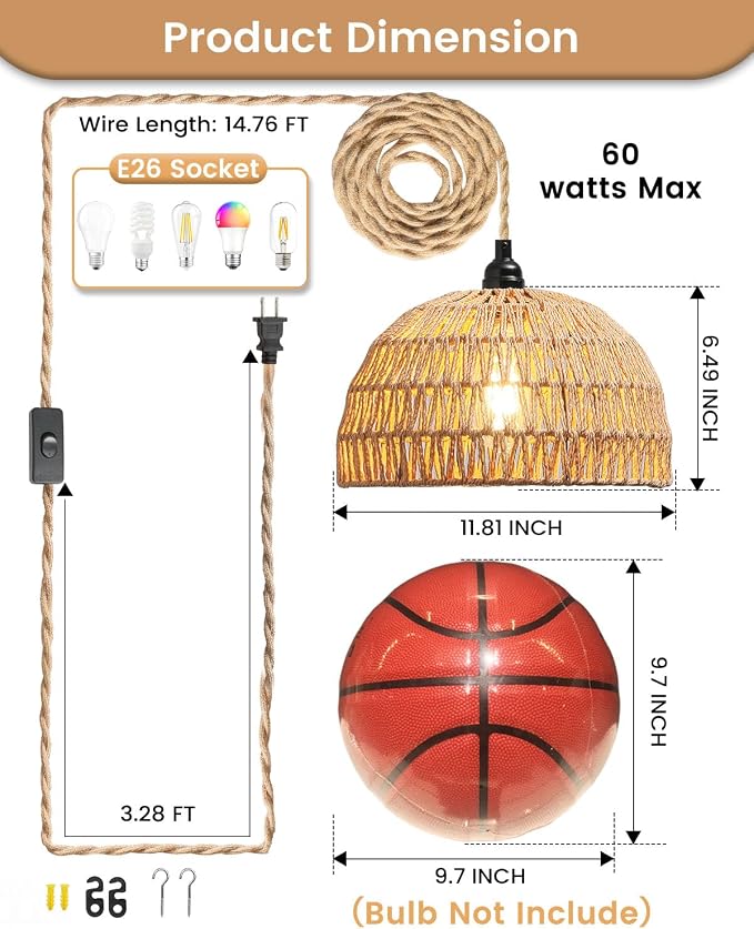Rattan Hanging Lamp,Boho Pendant Lights,Plug in Cord Hanging Rattan Light,Plug Into Wall Outlet Pendant Light Fixture On/Off Switch for Living,Dinner Room,Bedroom,Kitchen,for E26,without Bulb - Image 3