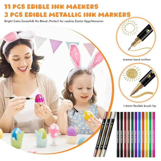 Jewem Edible Markers for Cookie Decorating,14 Pcs Food Coloring Pens, Double Side Food Grade Pens with Fine & Thick Tip for Decorating Fondant, Cakes, Cookies, Easter Eggs, Frosting, Macaron, Halloween, Christmas
