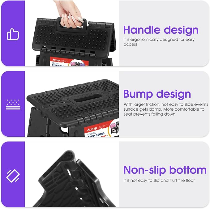 ACSTEP 17.5 Inch Heavy Duty Folding Step Stool, 400 lbs, Dot Black | Collapsible Stepping Stool for Adults with Handle and Non-Slip Surface, for Kitchen, Garage, Bedroom and Outdoor Tasks - Image 4