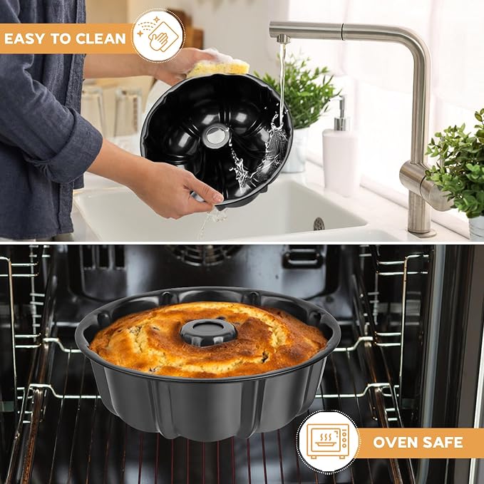 Onader 10 Inch Cake Pan, Non-Stick Round Fluted Tube Pan for Baking Pound Cake, 10 Cups Large Heavy Duty Carbon Steel Baking Mold Bakeware, Black - Image 5