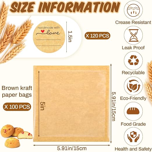 Outus 100 Pcs Cookie Packaging Bags with Seal, 5 x 5 Inch Bakery Pastry Bags with Window, Heat Sealable Grease Resistant Paper to Go Bake Sleeves for Gift Giving Donut Bread Sandwich (Brown) - Image 2