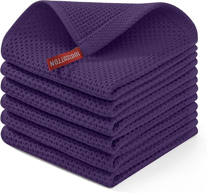 Homaxy 100% Cotton Waffle Weave Kitchen Dish Cloths 6-Pack, Eggplant | 12 x 12 Inches, Ultra Soft Absorbent Dish Towels, Quick Drying Dish Rags with Hanging Loop by Homaxy