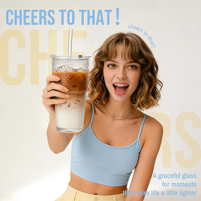 SoulTimes 20oz Wave Ribbed Glass Tumbler with Lid and Straw – Iced Coffee Glasses Cups for Smoothie, Matcha, Juice, Water etc. Leakproof and Reusable Glassware Drinking for Daily & Travel To Go [6Pcs] - Image 9