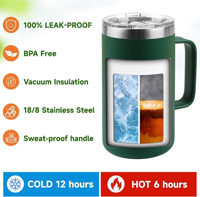 22oz Insulated Coffee Mug with Handle & Leak-Proof Lid - Double Wall Stainless Steel Travel Tumbler Bulk for Commute/Office/Home, Black, 8 Pack - Image 4