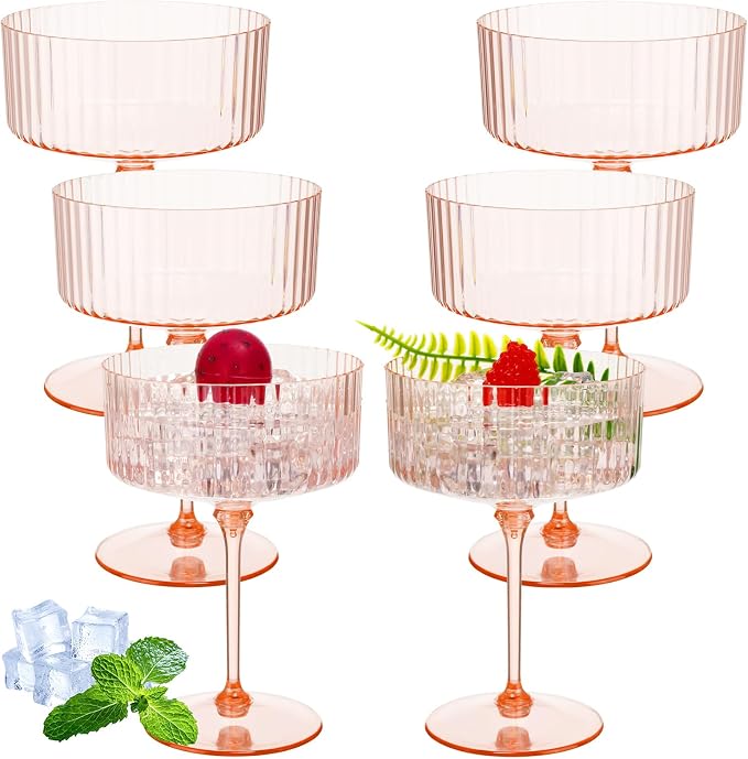 Jingmore 6 Pcs Ribbed Martini Glasses 10 oz Disposable Plastic Vintage Ribbed Coupe Glasses Unbreakable Dessert Parfait Glassware for Wedding Birthday Party Supplies (Champagne Powder) by Jingmore
