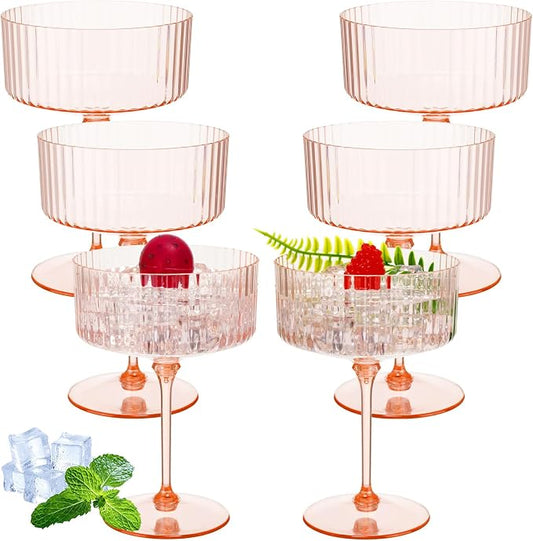 Jingmore 6 Pcs Ribbed Martini Glasses 10 oz Disposable Plastic Vintage Ribbed Coupe Glasses Unbreakable Dessert Parfait Glassware for Wedding Birthday Party Supplies (Champagne Powder) by Jingmore