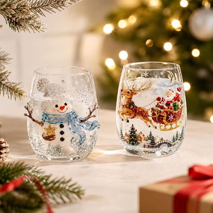 3D Christmas Glass Art Cup, Luxury Raised Holiday Glassware Collection | Cute Festive Stemless Wine Glasses,Artistic Holiday Table Ornaments,Perfect Christmas Home Decor Gifts for Various Beverages - Image 5