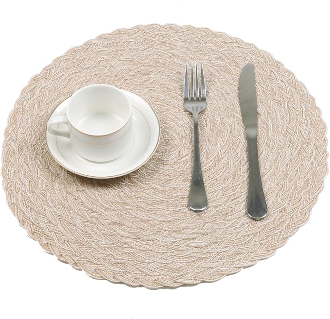 SHACOS Round Braided Placemats 15 inch Set of 6 Thick Boho Kitchen Table Placemats for Home Wedding Party (T-Beige, 6) - Image 5