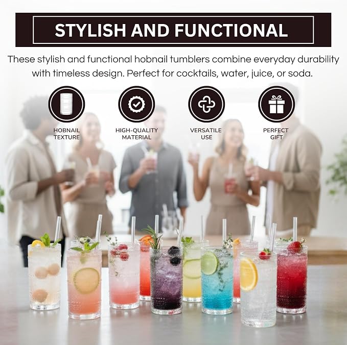 12-Piece Hobnail Drinking Glasses Set, 12 oz Large Vintage Highball Glassware with Straws, Heavy Textured Beaded Tall Tumblers for Water, Juice, Soda & Cocktails, Clear Retro Barware, Dishwasher Safe - Image 4
