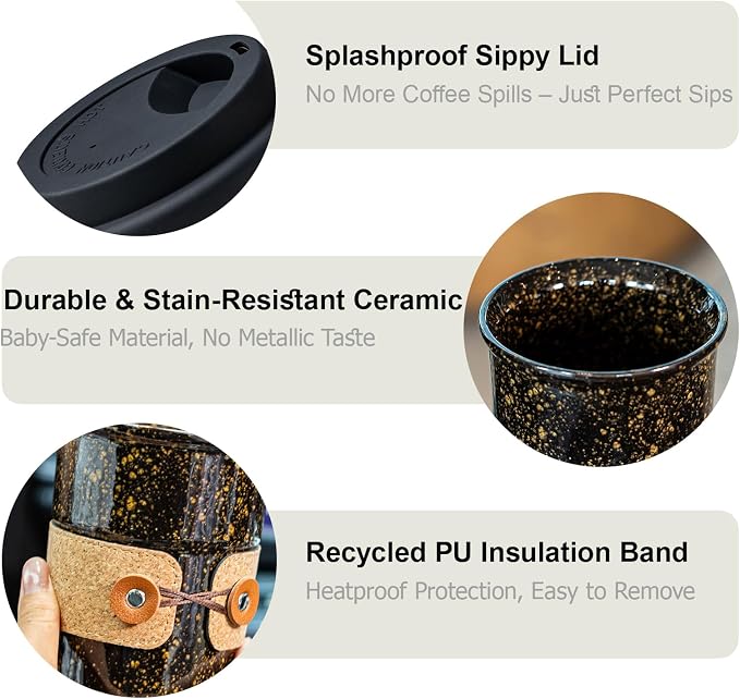 Coffee Travel Cups with Lids Ceramic To Go Coffee Tumbler Tea Mug | Spill Proof Camping Cup, 13.5oz Large Cappuccino Cup, Reusable Coffe Mug, Decorative Latte Cup, Coffee Gift for Coffee Lovers - Image 6