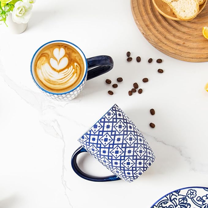 Ceramic Coffee Mugs Set - 16 Oz Large Porcelain Tea Cups with Handle for Men Women Latte Cocoa Cappuccino - Christmas Housewarming Gift - Dishwasher Safe - Set of 6 - Vintage Blue - Image 3
