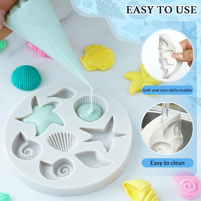 HKNMTT Marine Themed Silicone Mold for Polymer Clay Fondant, Seashell Mermaid Tail Starfish Ocean Seahorse Air Dry Clay Craft Cake Decor Wax Melt Chocolate Candy Mould DIY Cupcake Toppers BPA Free - Image 5