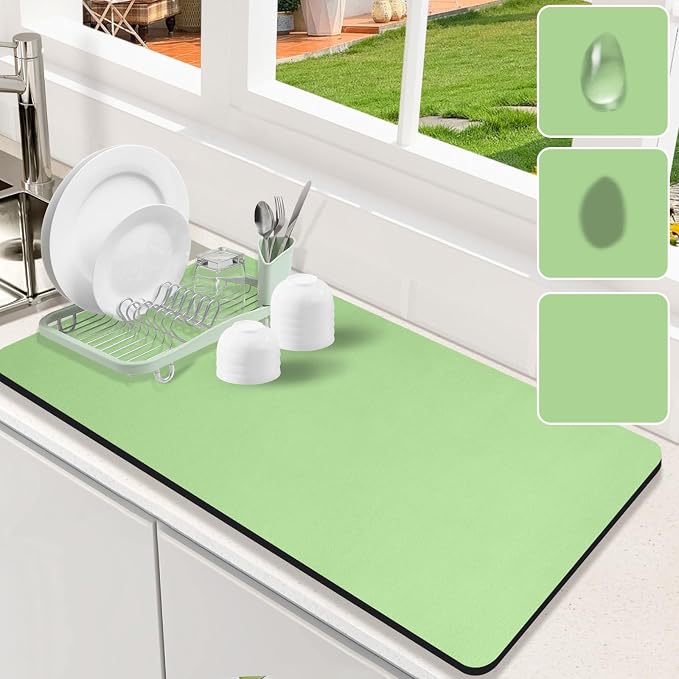 Dish Drying Mat for Kitchen Counter, Pad with Rubber Backed(Green,17x 31.5) | Hide Stain Anti Absorbent for Kitchen Counter, Non-slip Drying Mat for Coffee Machine Dish Rack by Etomiel