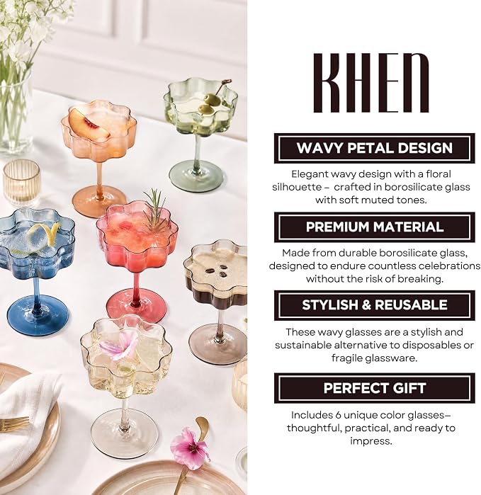 Flower Scalloped Vintage Wavy Petals Wave Glass Coupes 7oz Colorful Martini, Champagne & Cocktails, 6 Set Muted Pastel Shades Rippled Champagne Glasses, Elegant Bar Glassware, Aesthetic Cute Coupe - Image 5